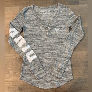 Pink Victorias Secret Long Sleeve Waffle Knit Henley Shirt Grey White Sleep